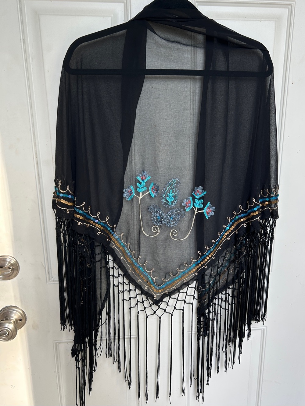 Black Floral Embroidered Fringe Shawl